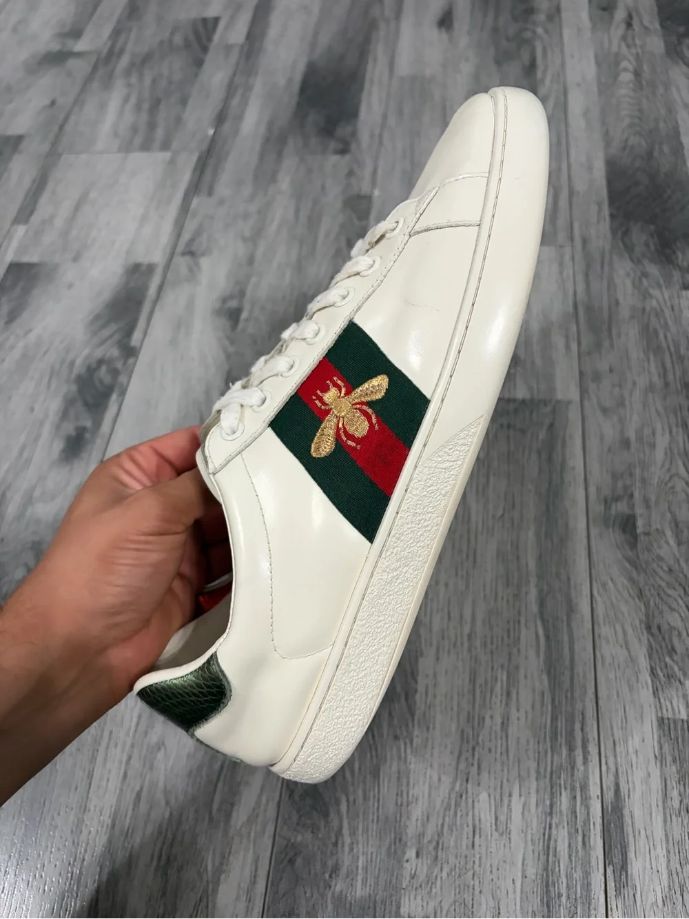 Gucci Ace White Leather Sneakers with Green & Red Stripe and Gold Bee